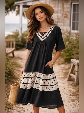 Sante Classics Polka Dot Boho Midi Dress Pockets Cottagecore S Whimsigoth Artsy